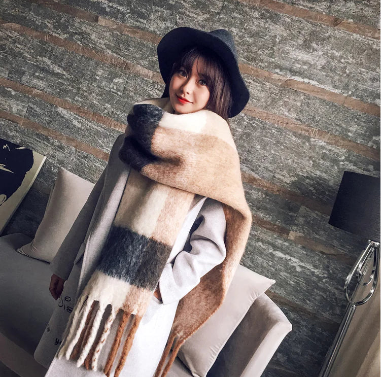 Thick Color-Block Scarf, Faux Cashmere Shawl for Women