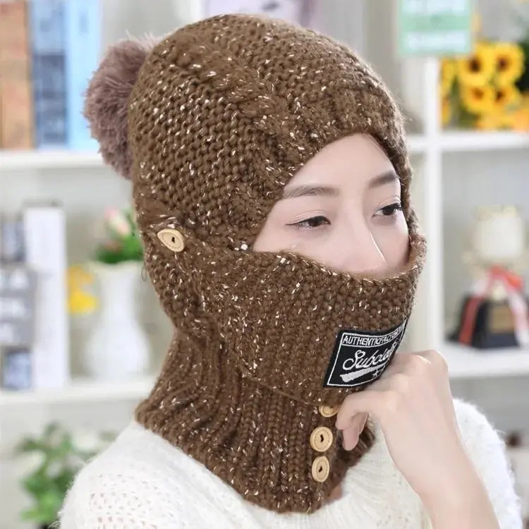 Winter Knit Ear Protection Hat with Mask and Neck Warmer