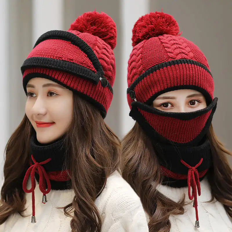 Warm Women's Knitted Beanie Hat and Scarf Set (3pcs)