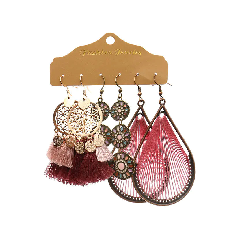 Fashion Minimalist Alloy Floral Tassel Earrings Set (3pcs)