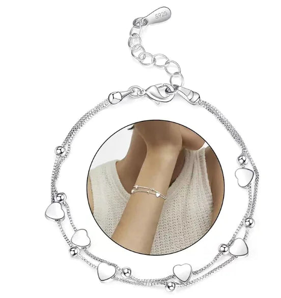 S925 Sterling Silver Double Layer Bracelet – Dainty Heart Charm Jewelry for Women