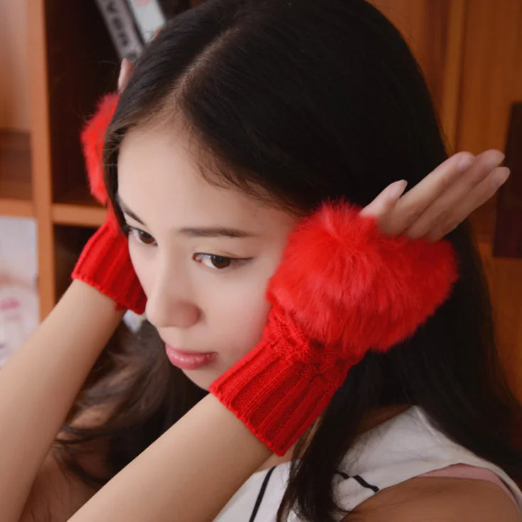 Rabbit Fur Half-Finger Knit Gloves for Warmth