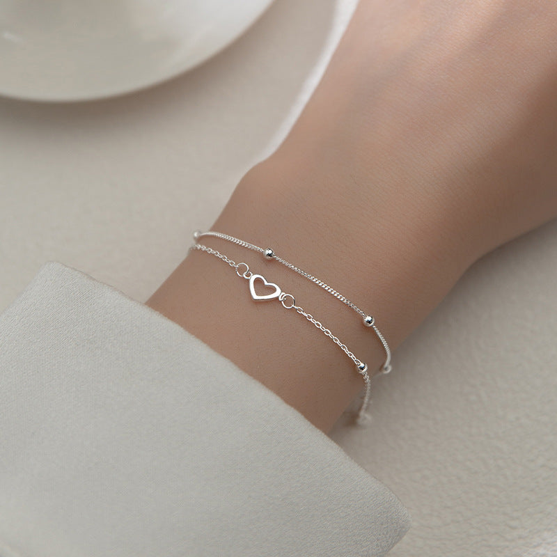 S925 Sterling Silver Double Layer Heart Bracelet β Dainty Layered Jewelry for Women