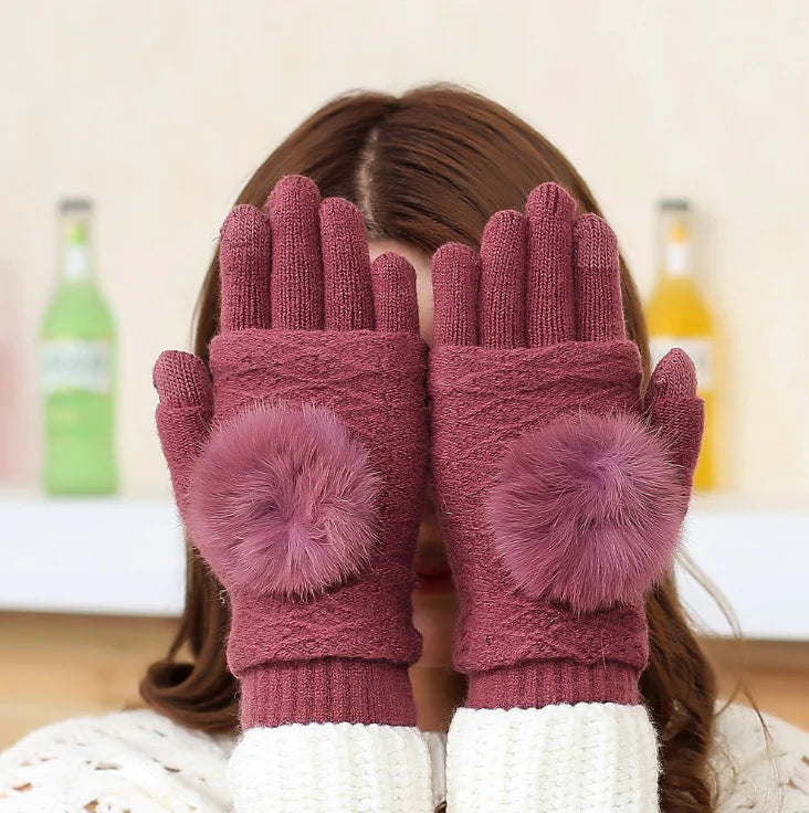 Cashmere Rabbit Fur Touchscreen Gloves for Women