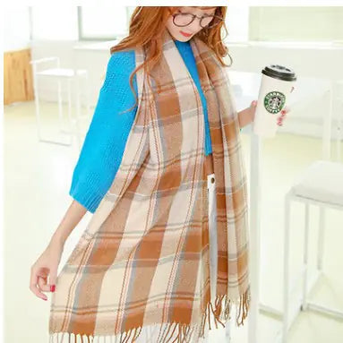 Winter Plaid Scarf for Women - Long Fringe Shawl