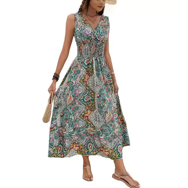 High Waist Sleeveless Bohemian Dress for Women