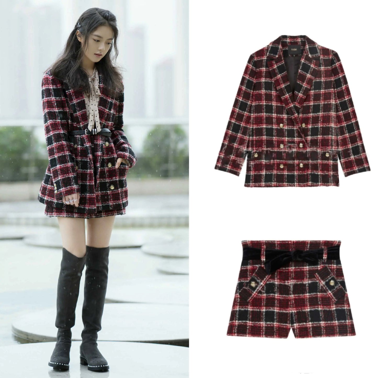 Plaid Tweed Jacket and High Waist Shorts Set for Women