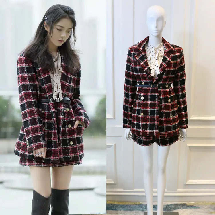 Plaid Tweed Jacket and High Waist Shorts Set for Women