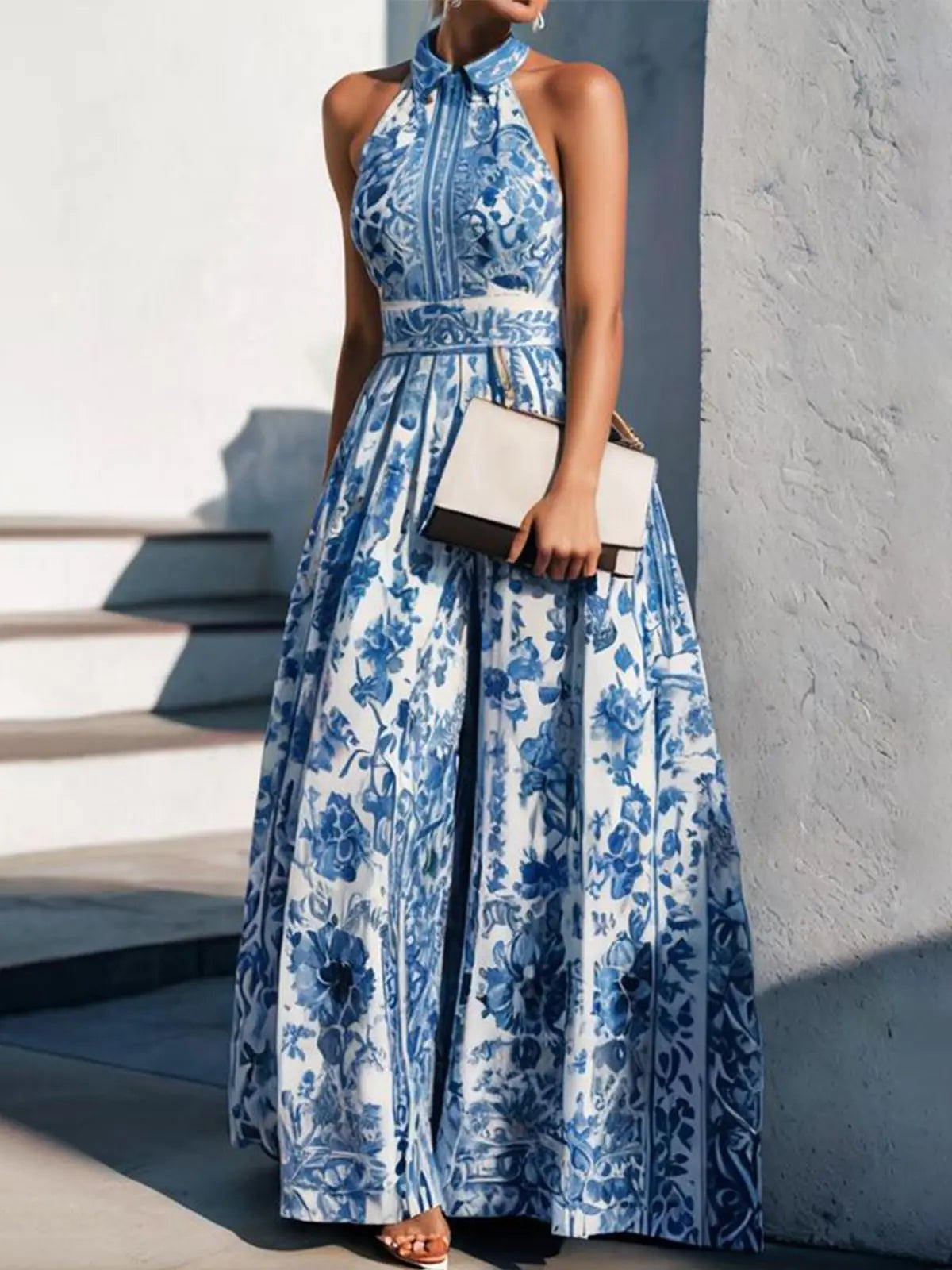 LZQ2113 Blue Print Open Back Split Dress