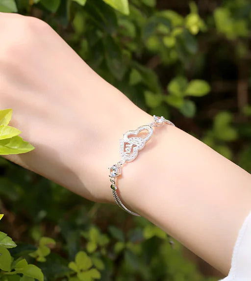 925 Sterling Silver Double Heart Bracelet with Crystals β Romantic Jewelry Gift for Her
