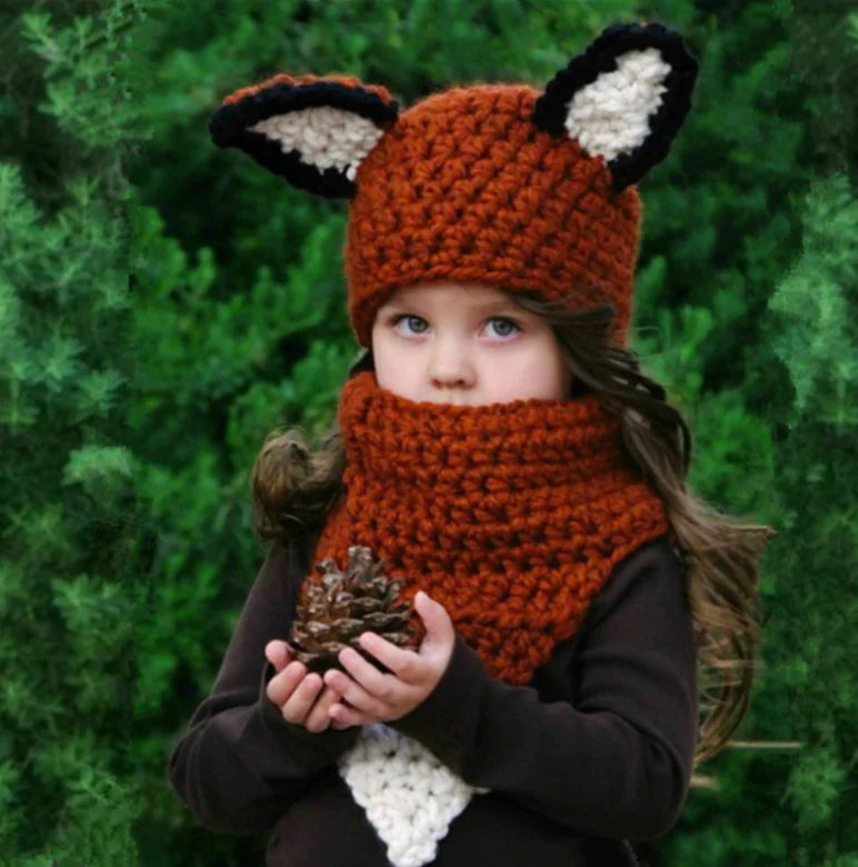 Squirrel and Fox Knit Hat and Neck Warmer Set