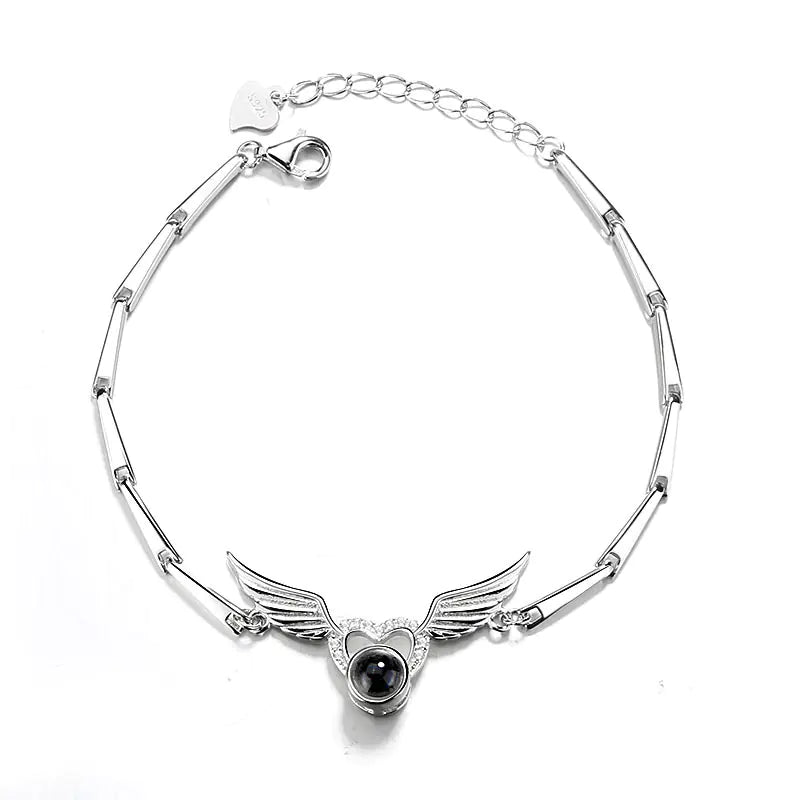 S925 Sterling Silver Angel Wings Projection Bracelet β Heart Charm with Custom Photo or Message