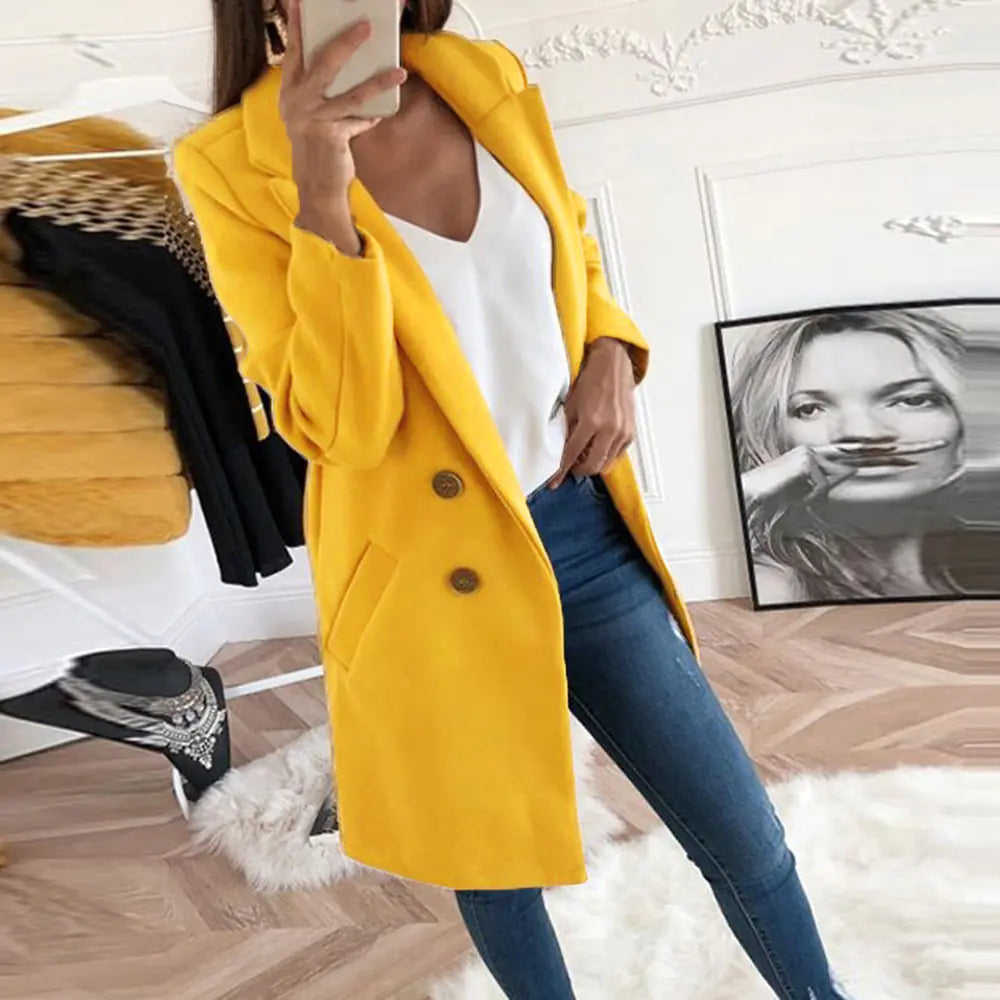 Elegant Long Wool Blend Coat with Buttons for Women