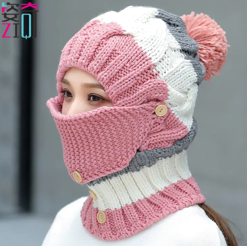 Knit Hat and Neck Warmer Mask Set with Fleece Lining
