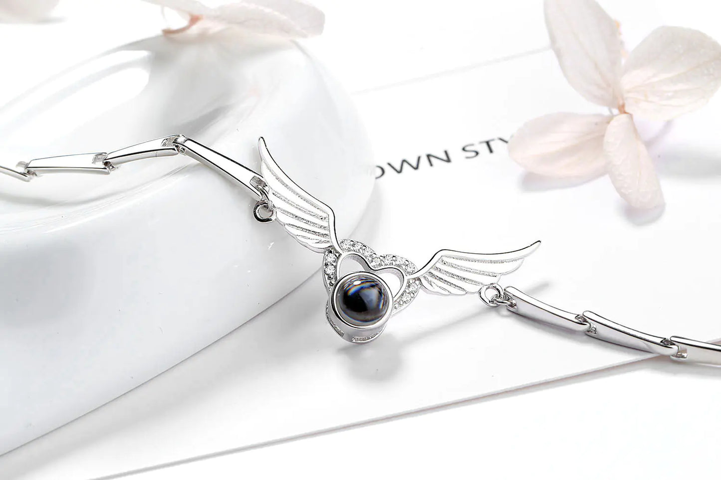 S925 Sterling Silver Angel Wings Projection Bracelet β Heart Charm with Custom Photo or Message