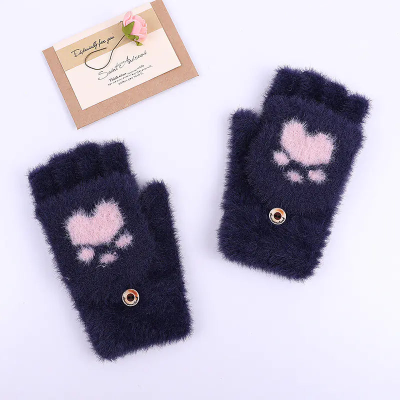 Winter Cat Claw Half-Finger Knitted Gloves for Women