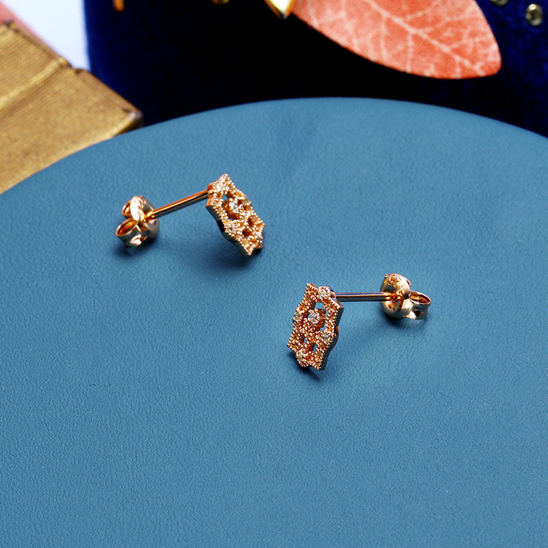 European Style Retro Flower Earrings – Rose Gold with Sparkling Zircon Crystals