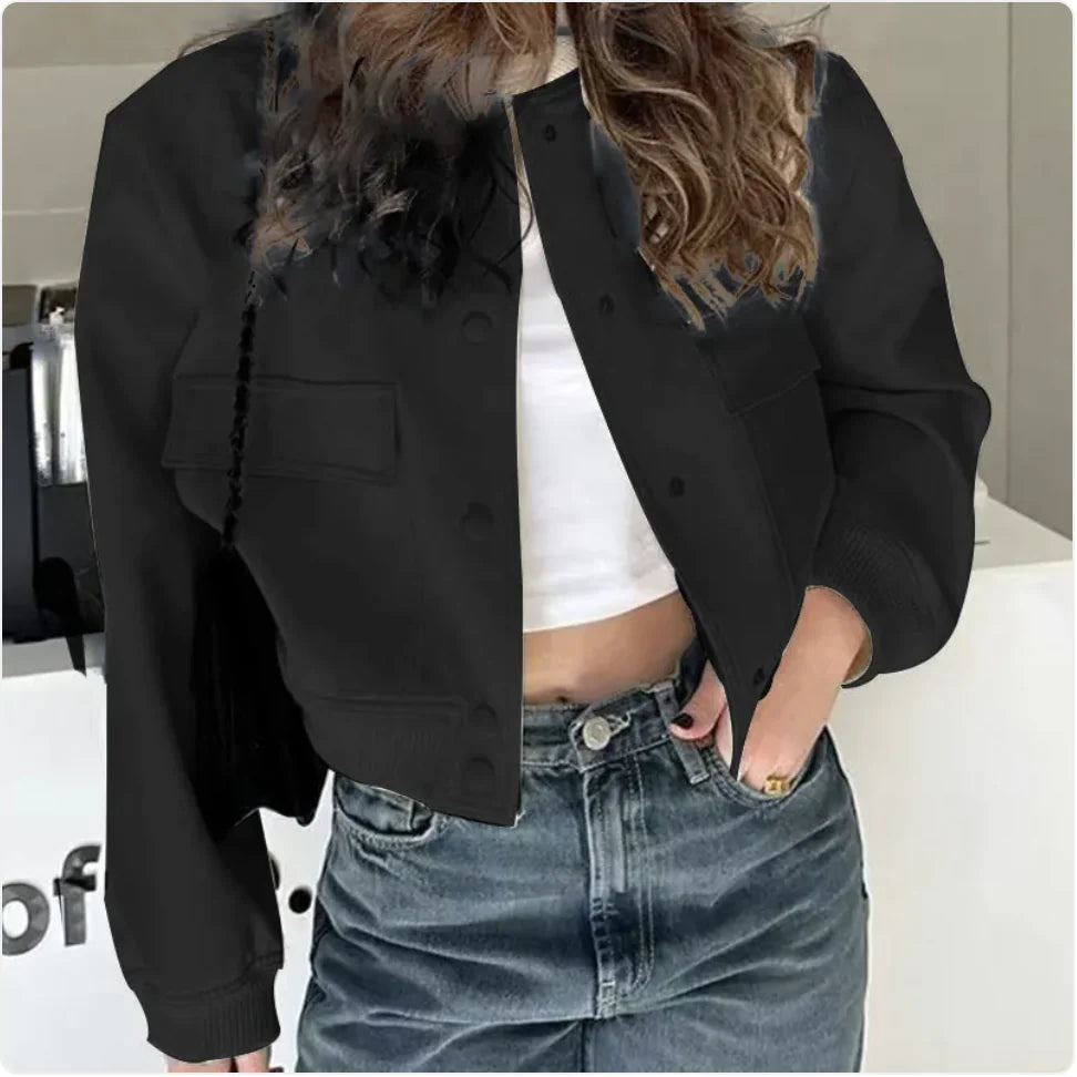 Women’s Loose Stand Collar Jacket – Short Casual Button Coat with Large Pockets