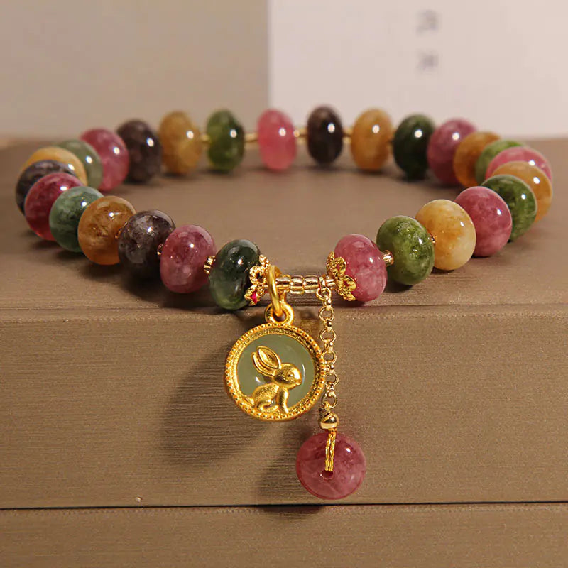 Natural Tourmaline Jade Bracelet with Rabbit Pendant – Multicolor Healing Crystal Jewelry