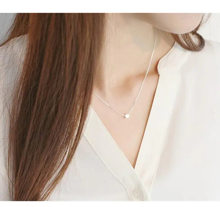 S925 Silver Brushed Square Necklace for Women