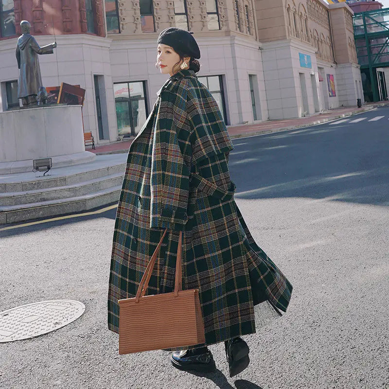 Green Plaid Loose Mid-Length Wool Coat