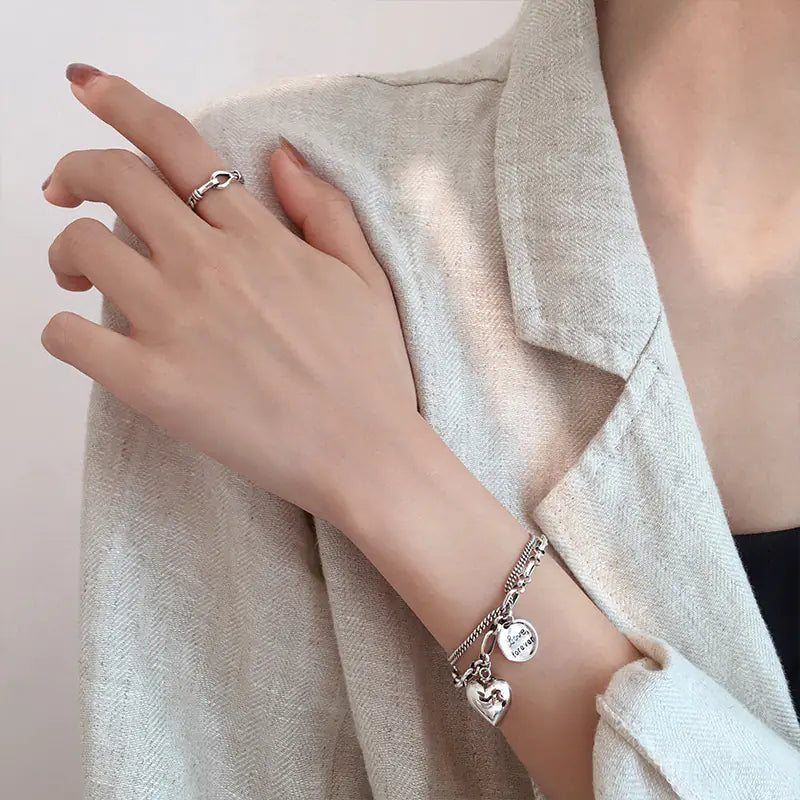 925 Sterling Silver Double Layer Heart Bracelet – Dainty Layered Chain Jewelry for Women