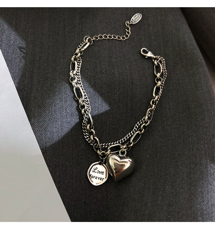 925 Sterling Silver Double Layer Heart Bracelet – Dainty Layered Chain Jewelry for Women