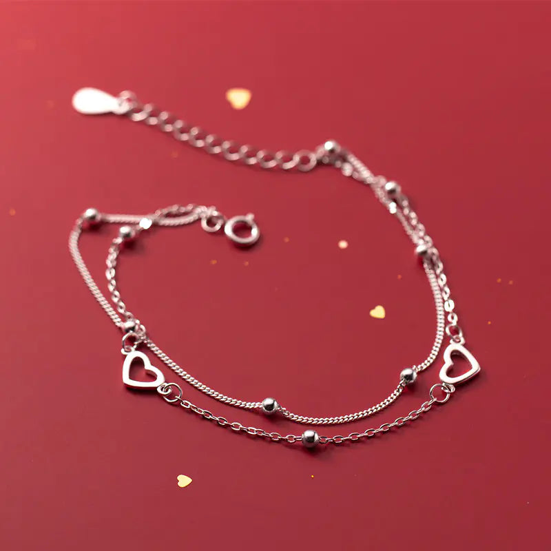 S925 Sterling Silver Double Layer Heart Bracelet β Dainty Layered Jewelry for Women