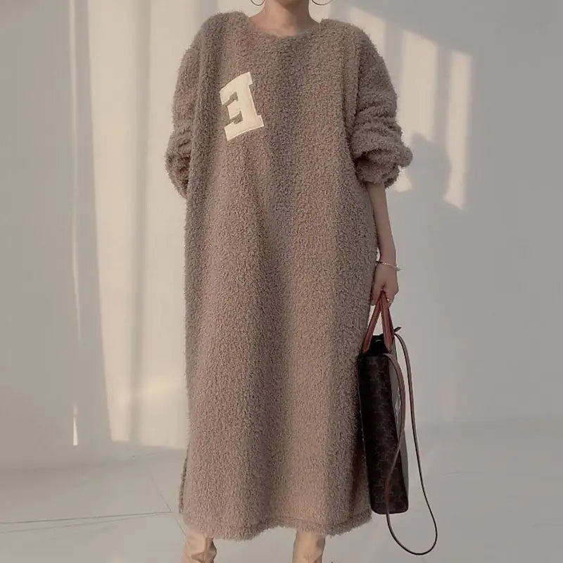 Warm Plush Long Sleeve Sweater Dress with Letter Patch