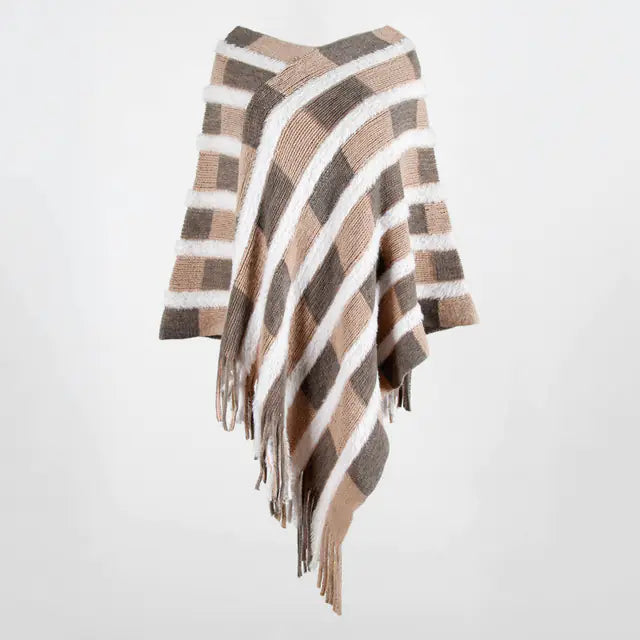 V-Neck Striped Fringe Shawl Knit Sweater Cape