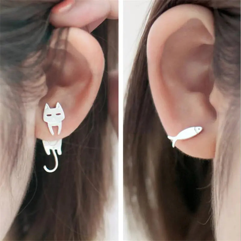 S925 Silver Asymmetrical Cat Fish Earrings for Women