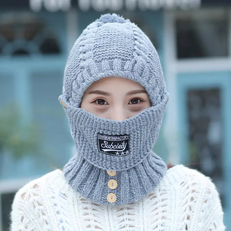 Winter Knit Ear Protection Hat with Mask and Neck Warmer