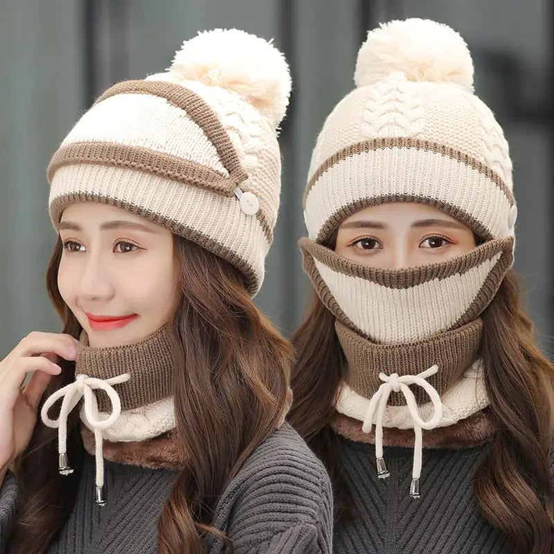 Warm Women's Knitted Beanie Hat and Scarf Set (3pcs)