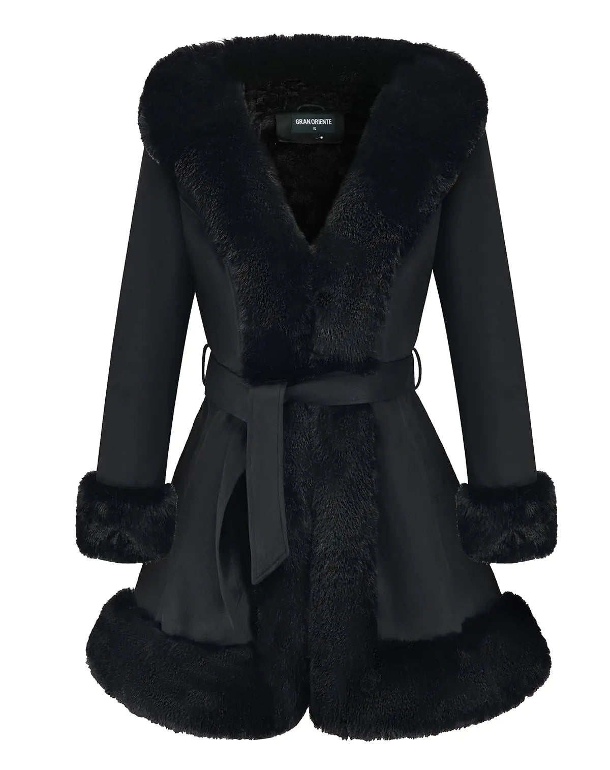GRAN ORIENTE Black Suede Jacket for Women with Faux Fur CollarLong Sleeve Warm Winter Parka Coat with Belt Outerwear(056 Black L)