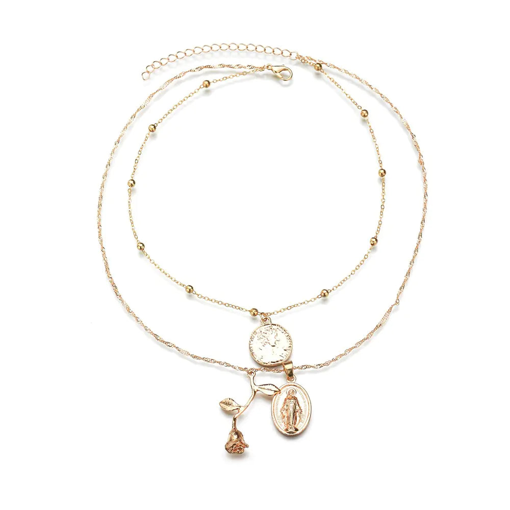 Vintage Geometric Rose Jesus Pendant Necklace for Women