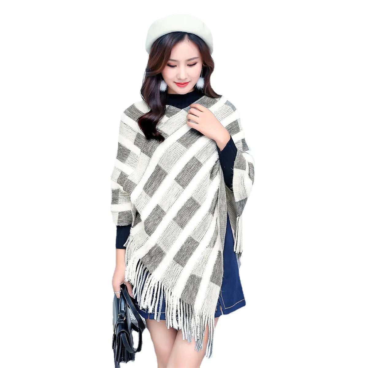 V-Neck Striped Fringe Shawl Knit Sweater Cape