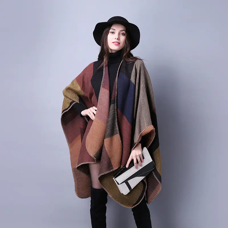 Plaid Scarf Shawl for Women - Thick Ethnic Cape
