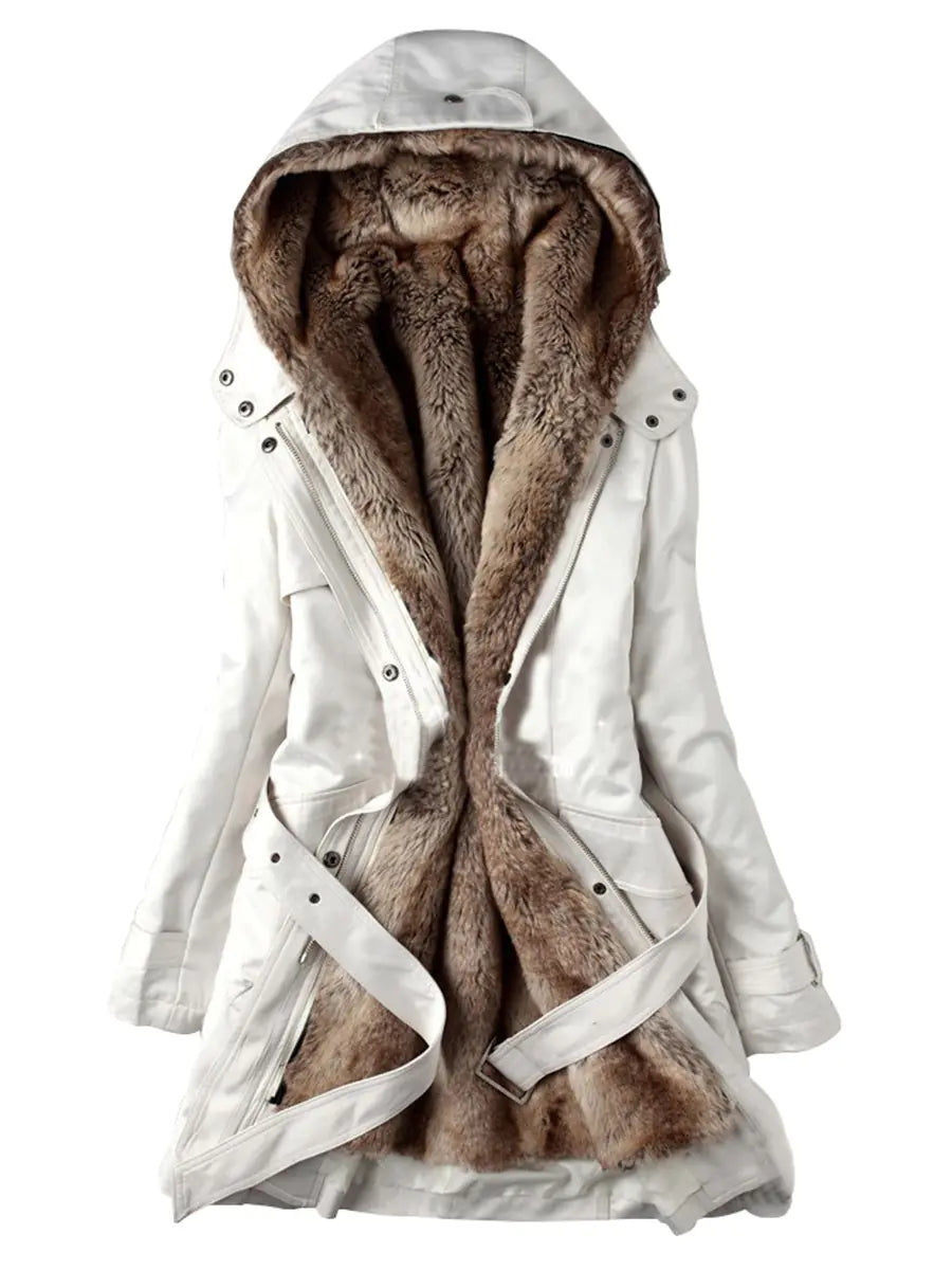 Hooded Cotton Jacket with Removable Fur Lining for Women