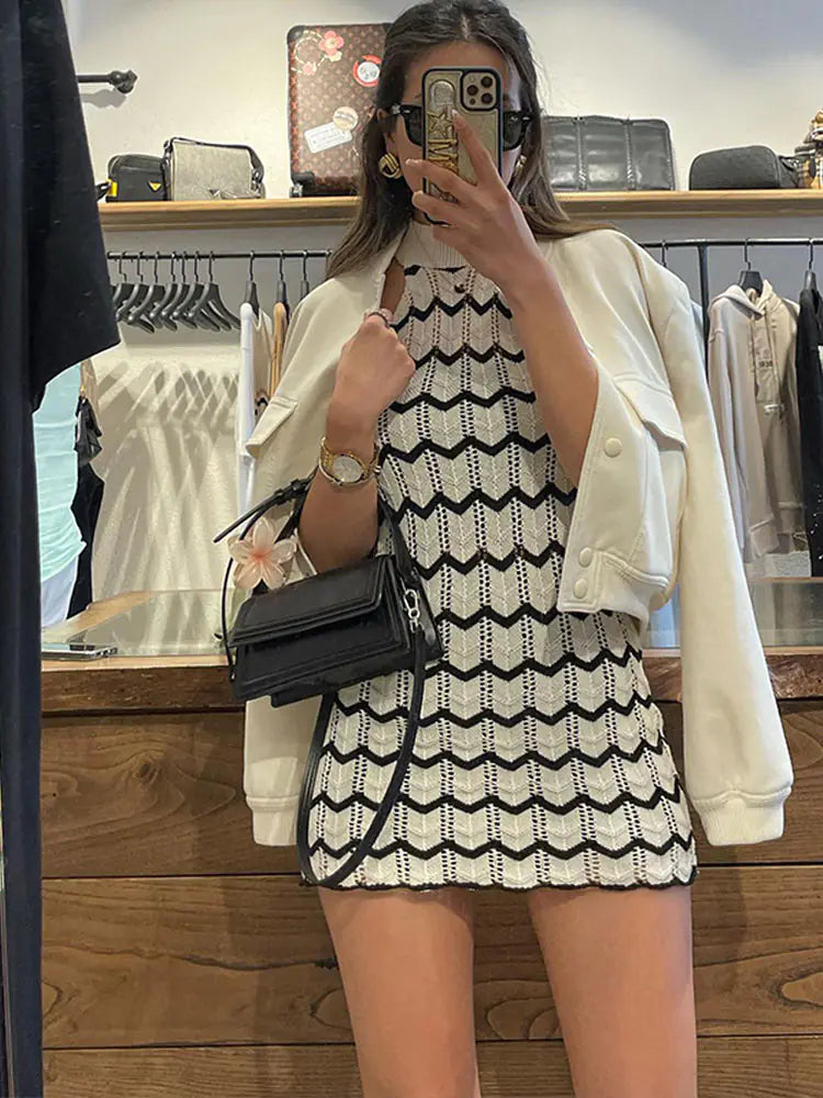 Striped Knitted Sleeveless Mini Dress & Cropped Top Set