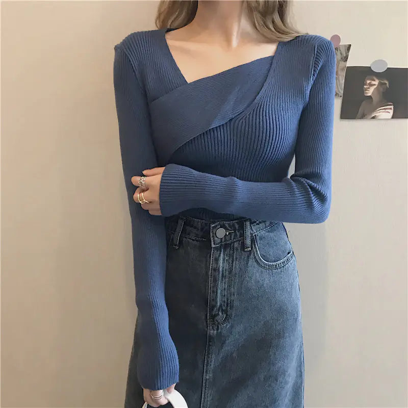 Stylish Cross V-Neck Knit Sweater - 2020 White Top