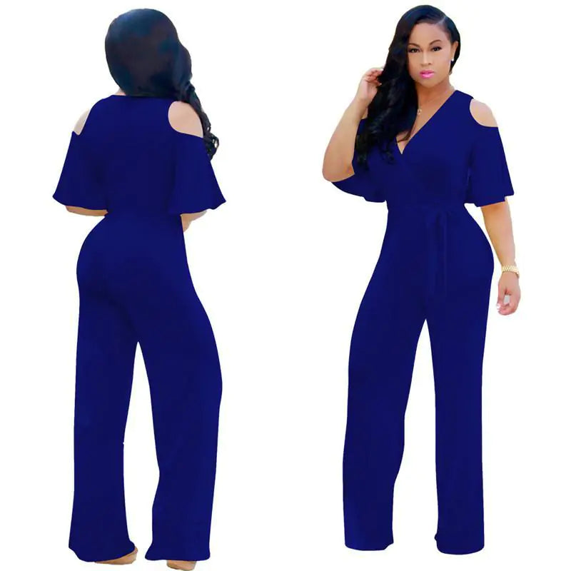 Solid Color Deep V Short Sleeve Jumpsuit with Belt