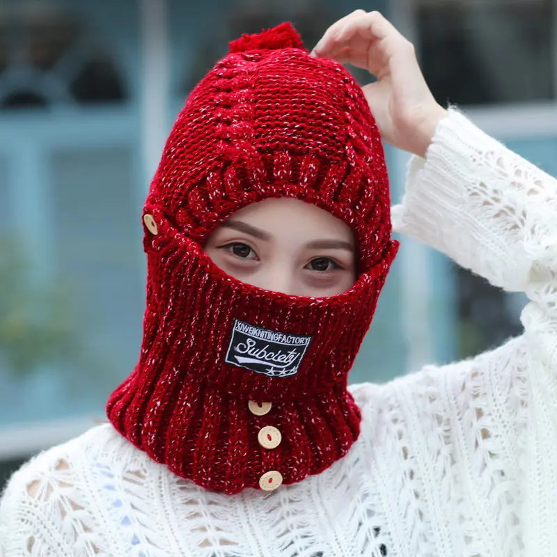 Winter Knit Ear Protection Hat with Mask and Neck Warmer