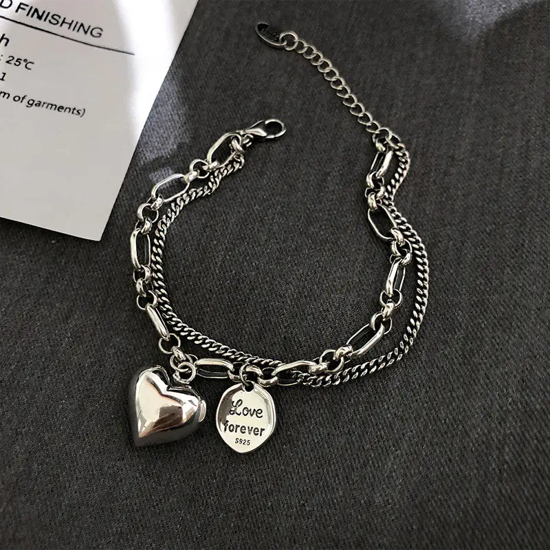925 Sterling Silver Double Layer Heart Bracelet – Dainty Layered Chain Jewelry for Women