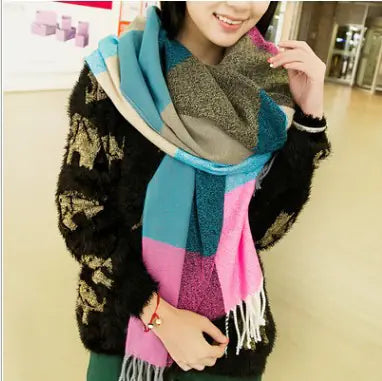 Winter Plaid Scarf for Women - Long Fringe Shawl