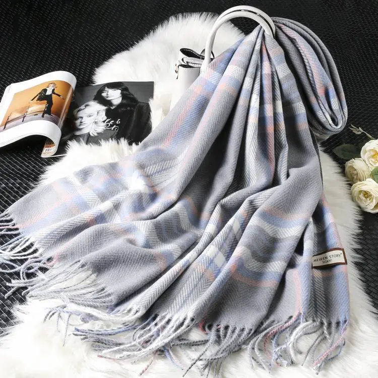 Plaid Scarf for Women - Long Fringed Double-Sided Shawl