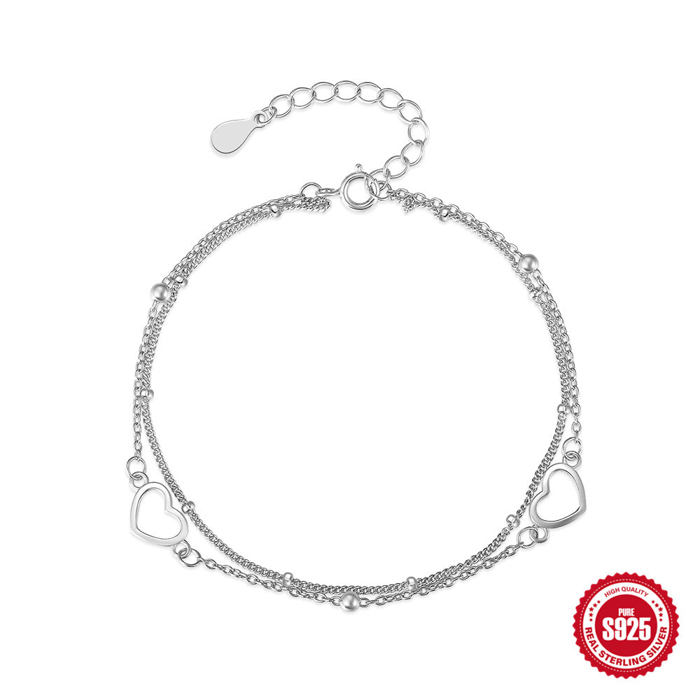 S925 Sterling Silver Double Layer Heart Bracelet for Women – Elegant Dainty Jewelry Gift