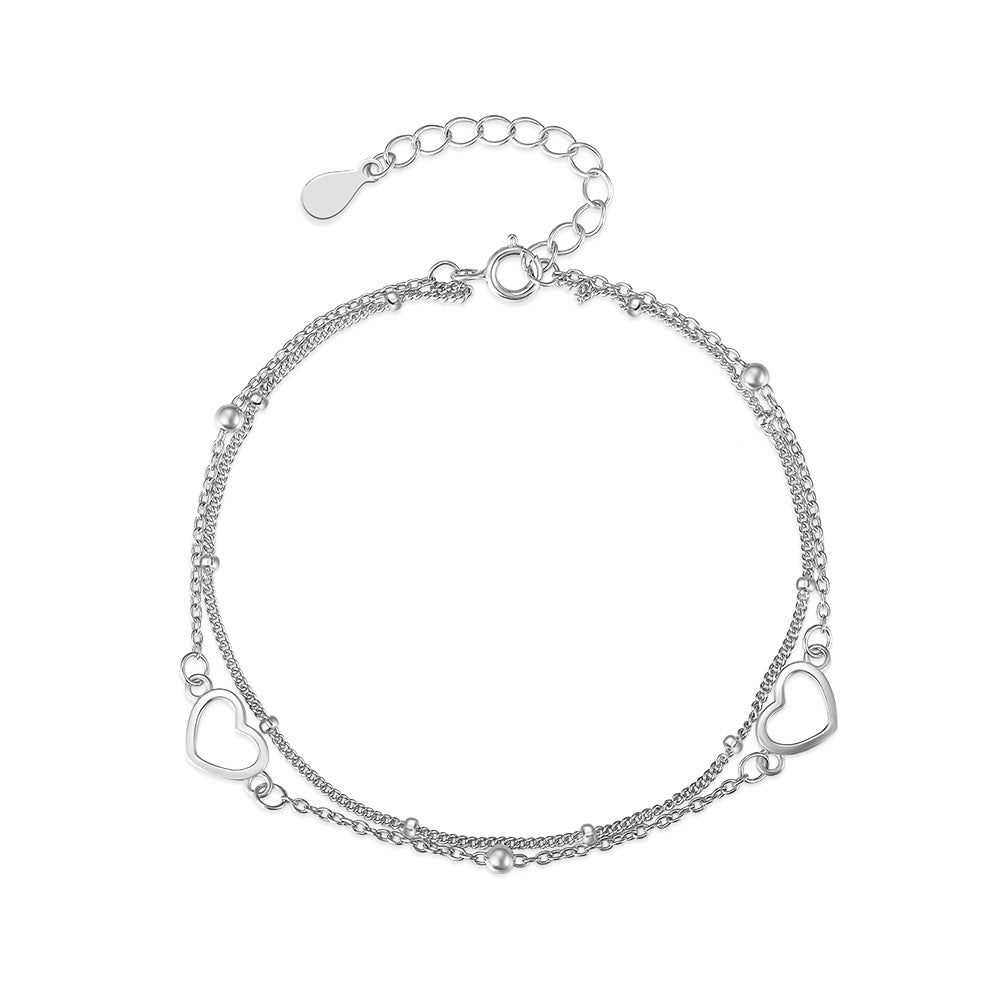 S925 Sterling Silver Double Layer Heart Bracelet for Women – Elegant Dainty Jewelry Gift
