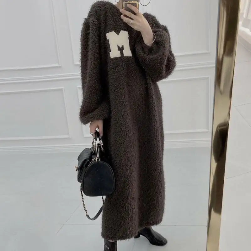 Warm Plush Long Sleeve Sweater Dress with Letter Patch