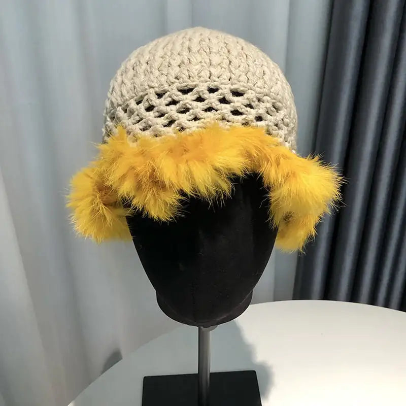 Hollow Knitted Women's Fisherman Rabbit Fur Hat