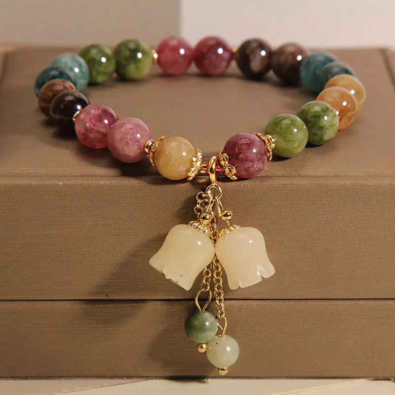 Natural Color Tourmaline Bracelet with Lily Pendant – Elegant Healing Jewelry for Women